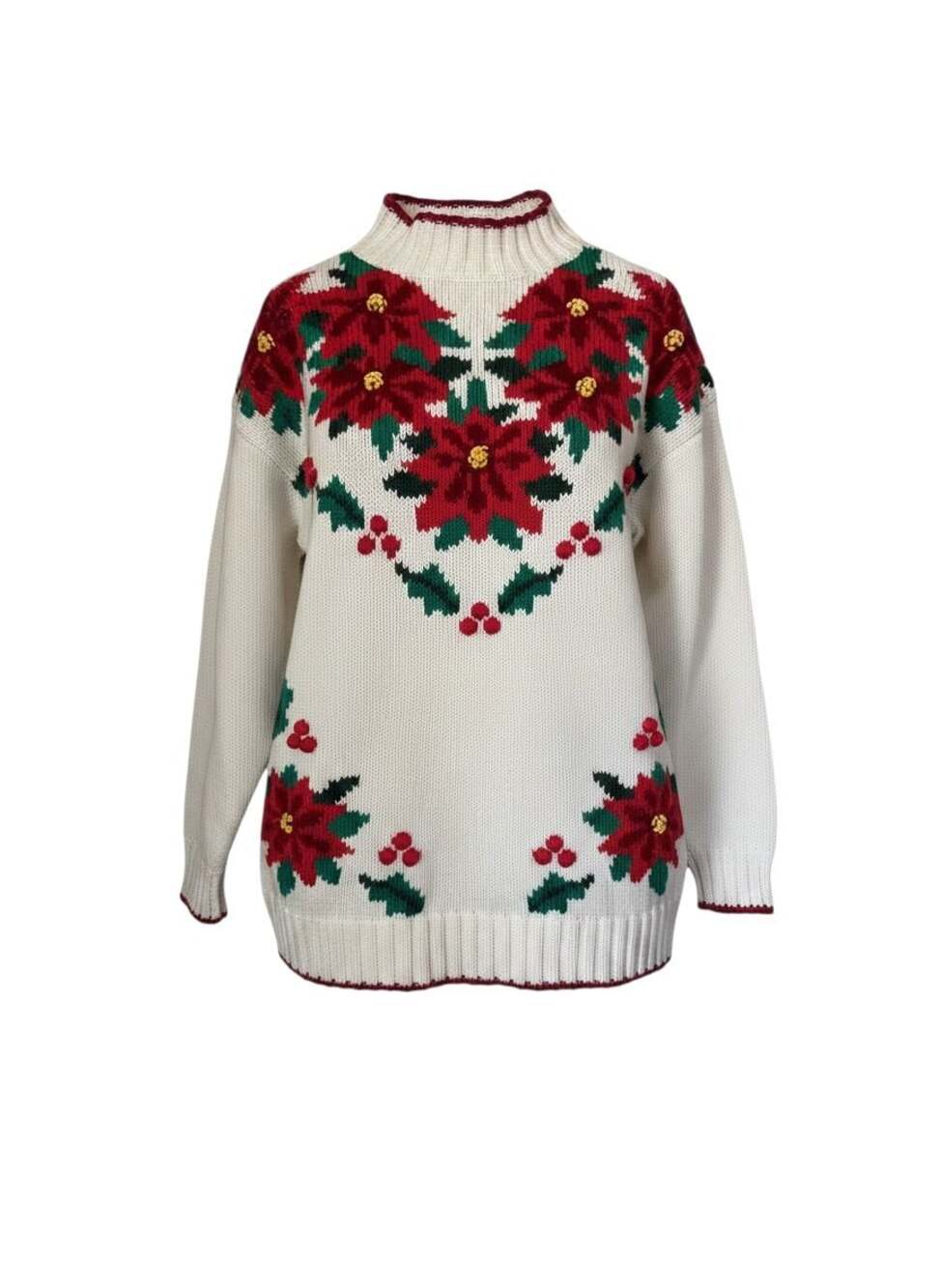 Vintage O.S.G. Holiday Poinsettia Mock Neck Knit Sweater Size Large